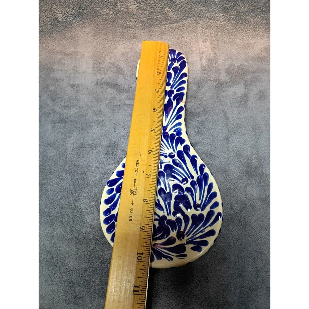 Talavera Mexico Hand Painted Spoon Rest Blue White Pottery 10.5